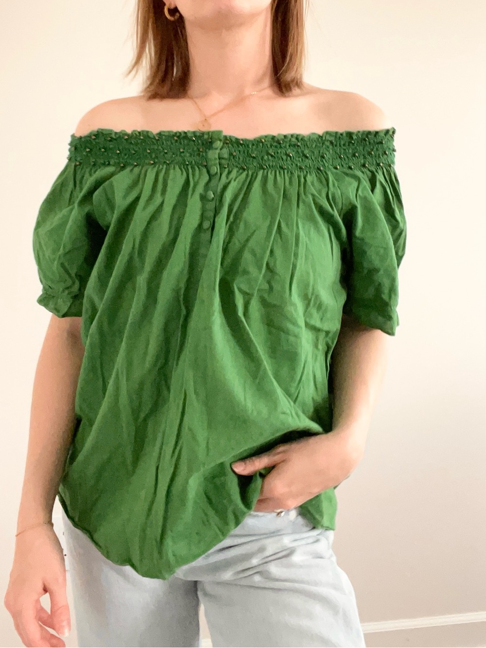 Daisy Fuentes Emerald Off-Shoulder Smocked Top